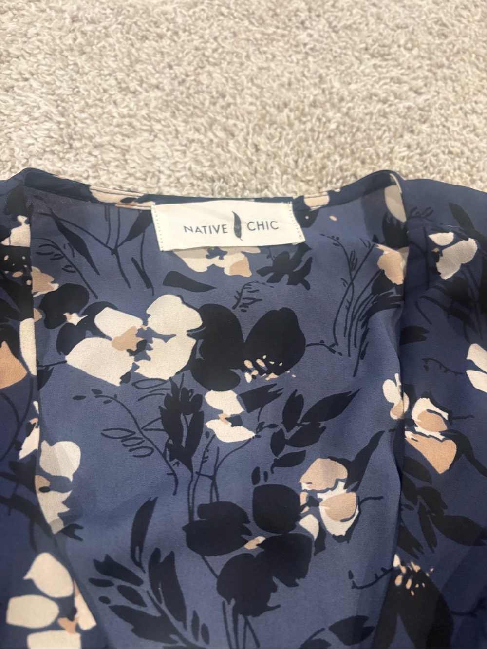 Native Chic Navy Floral Dress Shoulder Pads Smocked Waist Fall Festival Midi - Picture 3 of 6
